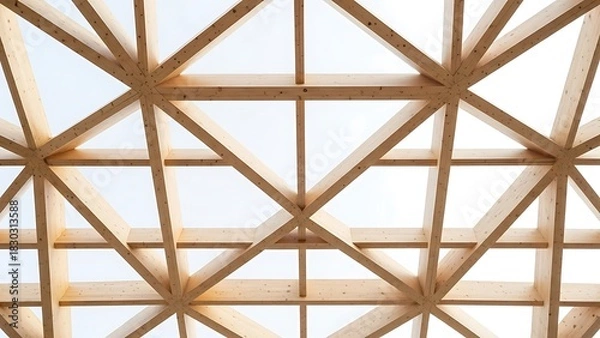 Obraz Modern Wooden Grid Ceiling Structure with Geometric Patterns and Natural Light.