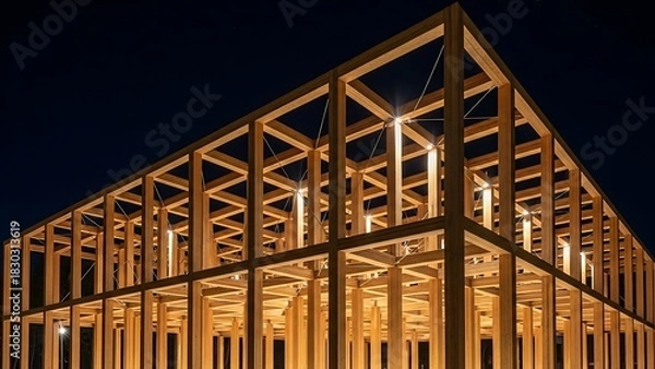 Obraz Modern Wooden Building Frame Illuminated at Night.