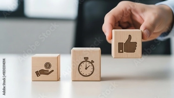 Obraz Wooden blocks showing money time and approval representing business success factors