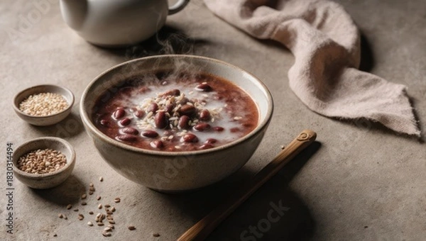 Obraz Hearty Bowl of Red Bean Soup with Grains and Teapot.