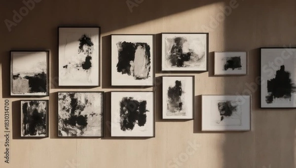 Obraz Abstract art gallery wall display with framed black and white prints.