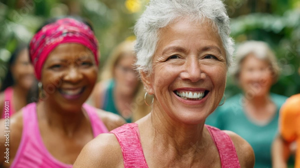 Fototapeta Smiling mature woman in fitness group promoting biohacking and longevity with joyful healthy lifestyle