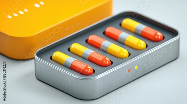 Obraz Biohacking longevity sleek pill charger case with colorful capsules arranged in foam tray conveying innovation and vitality