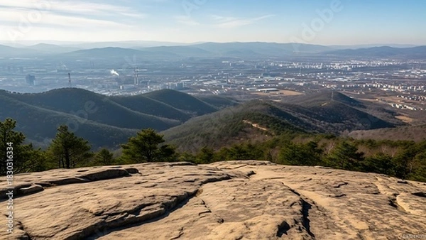 Obraz Panoramic View of a Valley and City from a Mountain Peak.