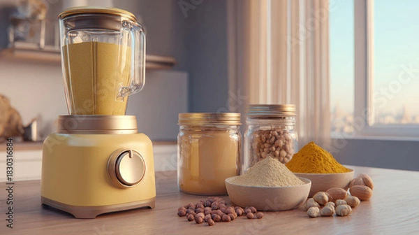 Obraz Golden smoothie blender with jars biohacking longevity healthy spice powder nut morning ritual