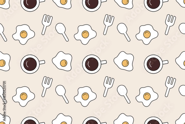 Obraz Cute breakfast food pattern with eggs coffee and kitchen utensils seamless repeat pattern background