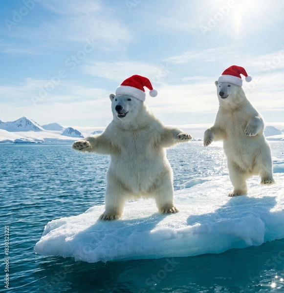 Obraz Two funny white polar bears in Santa hats surfing among the beautiful ice of Antarctica on a beautiful sunny day, and blue sky. A magical Christmas mood.