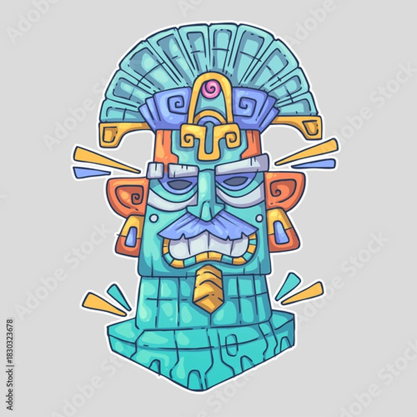 Fototapeta A colorful, stylized mask with intricate patterns, resembling an ancient artifact with a feathered headdress. Cartoon vector character. Trendy style. Vector illustration.