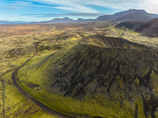 Obraz Aerial view of scenery with a volcano crater and lava in Iceland