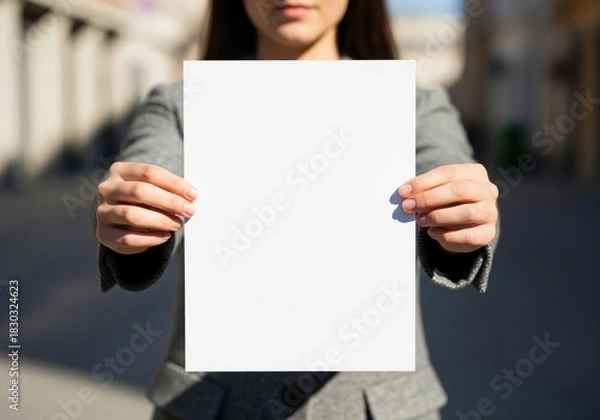 Fototapeta Businesswoman Holding Blank White Sheet Outdoors