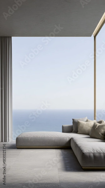 Fototapeta Modern coastal interior design featuring a minimalist lounge area and expansive ocean view