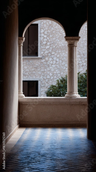 Fototapeta Light cascades through arches in a serene courtyard, highlighting stone columns and tiled floor