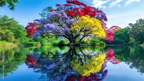 Obraz Vibrant Multicolored Tree Reflected in Crystal-Clear Lake Landscape