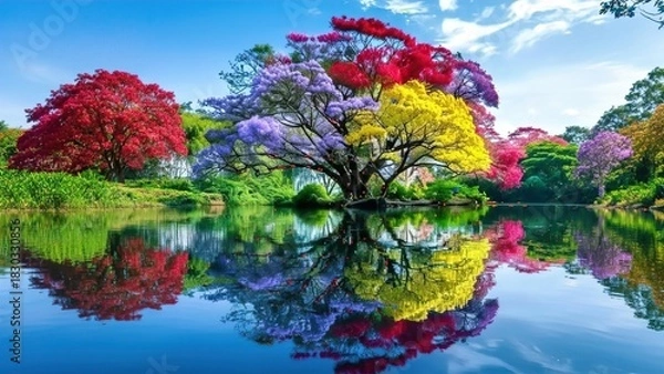 Obraz Vibrant Multicolored Tree Reflected in Crystal-Clear Lake Landscape