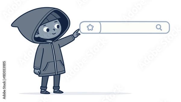 Fototapeta Cute kid in hoodie clicks on star favorite button within the search bar, modern online interface