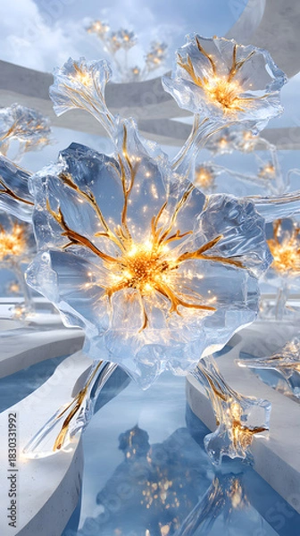 Fototapeta luxury icy glow fine art texture Abstract crystal flower with glowing details. macro frozen crystal sculpture detail blue luminous ice abstract background