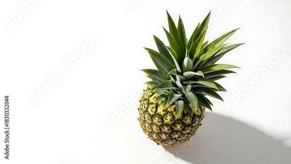 Fototapeta A single fresh whole tropical pineapple with a vibrant green crown, isolated on a clean white studio background creating a strong shadow with copy space