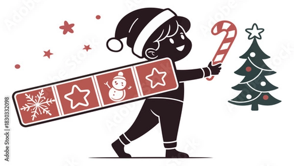 Fototapeta Festive holiday spirit with cheerful child celebrating Christmas with candy cane and cheerful seasonal banner