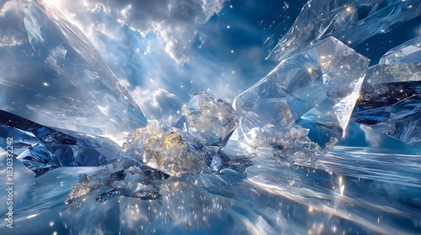 Fototapeta luxury icy glow fine art texture Abstract crystal formations with shimmering details. macro frozen crystal sculpture detail blue luminous ice abstract background