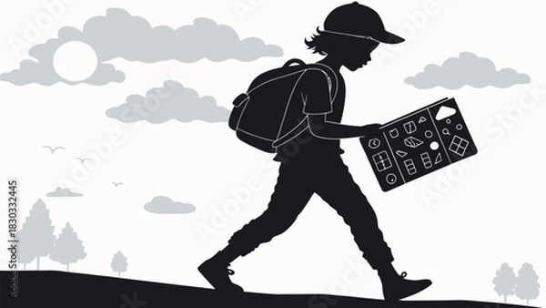 Fototapeta Adventurous young explorer hiking with backpack, reading a map in nature, ready for outdoor challenge