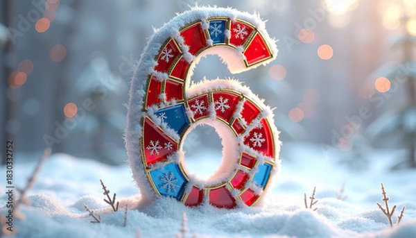 Fototapeta Greeting card with the number six in a winter environment with snowflakes and colored glass, the birthday concept for those who were born on the sixth in winter