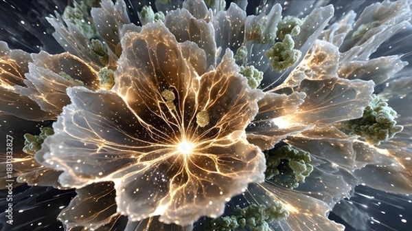 Fototapeta luxury icy glow fine art texture Abstract floral design with glowing effects. macro frozen crystal sculpture detail blue luminous ice abstract background