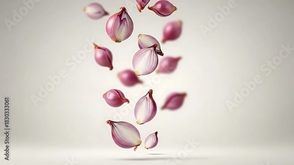 Fototapeta Falling Shallot Halves A Culinary Burst of Freshness in a Light, Airy Composition