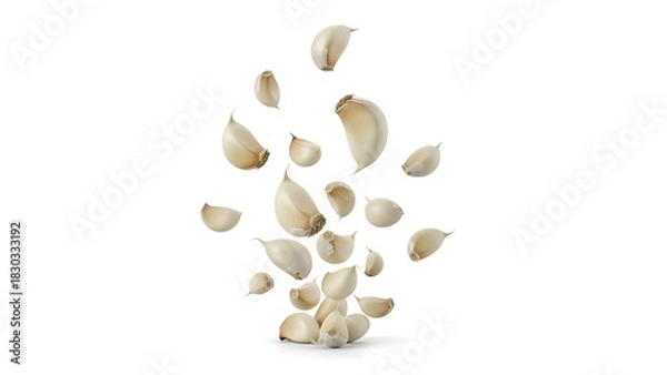 Fototapeta Freshly peeled garlic cloves dynamically suspended and falling in mid-air, showcasing their culinary readiness and natural aroma against a pure white background