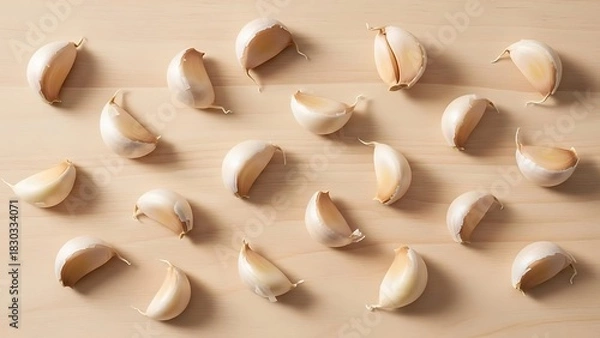 Fototapeta Fresh Garlic Cloves A Culinary Delight on a Wooden Surface in Overhead View