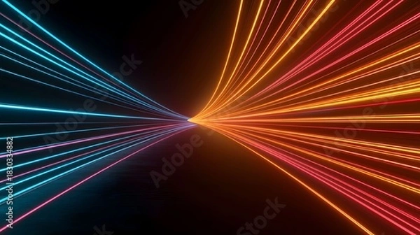 Fototapeta Abstract dark scene features converging streaks of light, with cool blue-toned lines meeting warm orange-red lines, creating a futuristic, visually striking effect.