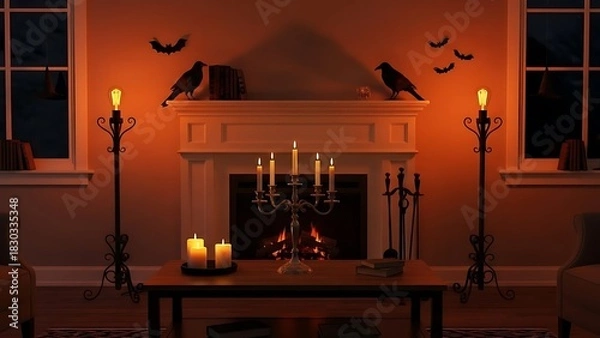 Fototapeta Cozy Halloween fireplace decorated with candles, candelabra, and bats, creating a warm and spooky atmosphere