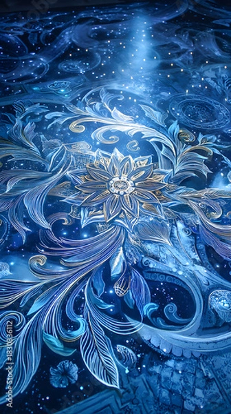 Fototapeta luxury icy glow fine art texture Intricate blue floral pattern with shimmering details macro frozen crystal sculpture detail blue luminous ice abstract background