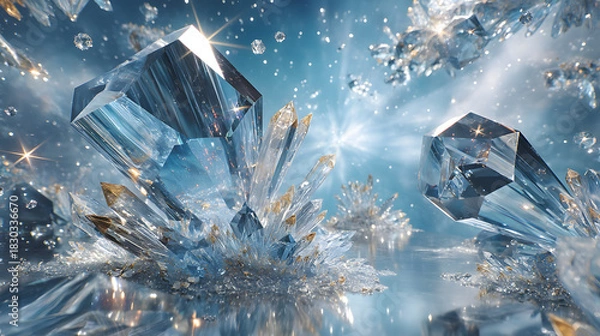 Fototapeta luxury icy glow fine art texture Glittering crystalline structures in a magical setting. macro frozen crystal sculpture detail blue luminous ice abstract background