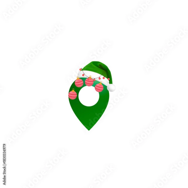 Fototapeta Festive Christmas Map Pin Icon with Elf Hat and Ornaments