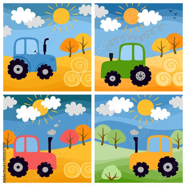 Obraz Collection of square cards with tractors.
