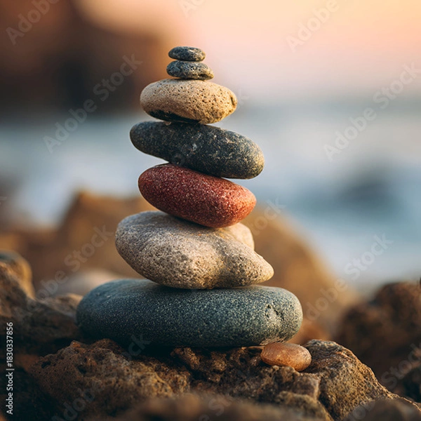 Fototapeta Stacked balanced stones on a beach with soft ocean background
