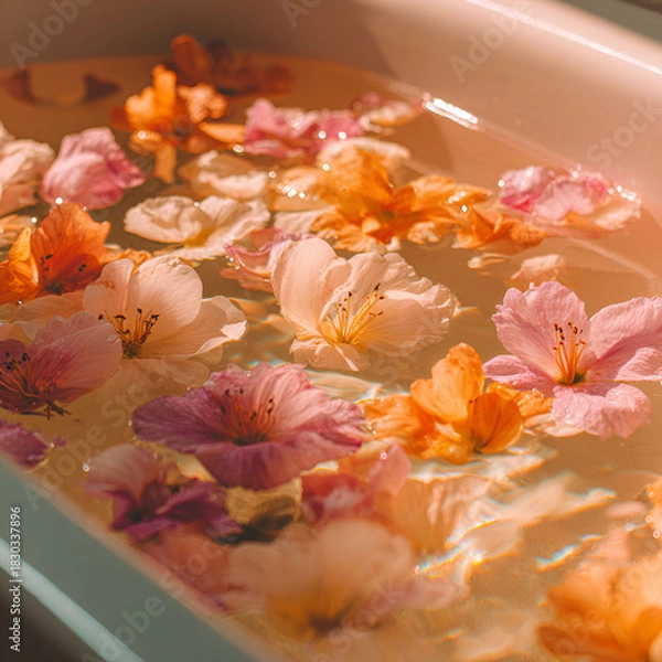 Fototapeta Close up of colorful flower petals floating in clear bath water
