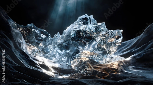 Fototapeta luxury icy glow fine art texture Stunning ice formation in flowing water reflections. macro frozen crystal sculpture detail blue luminous ice abstract background