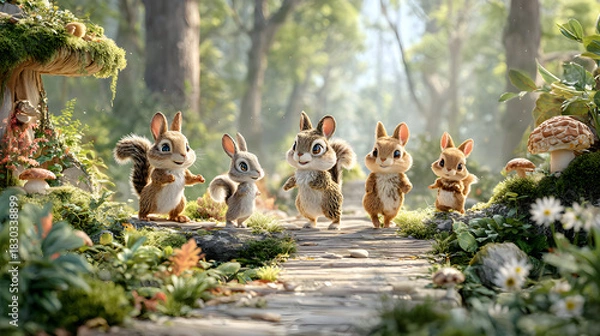 Fototapeta pastel cute animal parade illustration Squirrels exploring a vibrant forest scene. adorable nursery wallpaper design tiny forest friends marching pattern