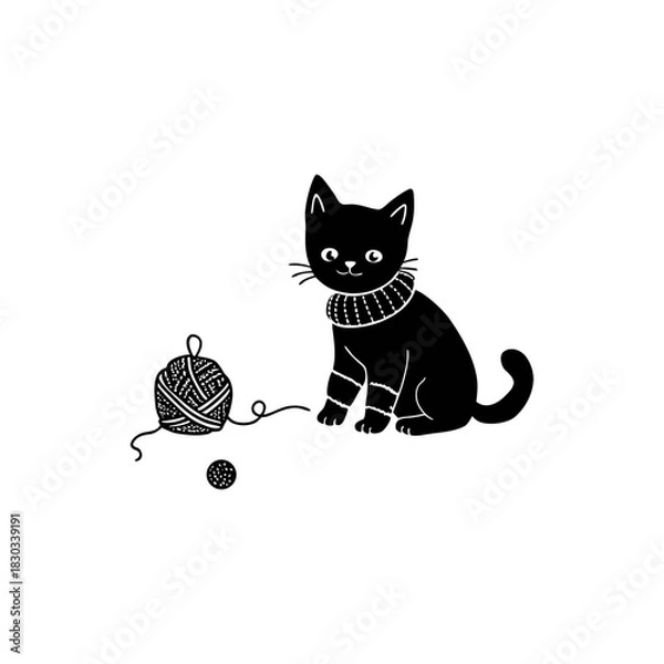 Obraz black cat with a yarn