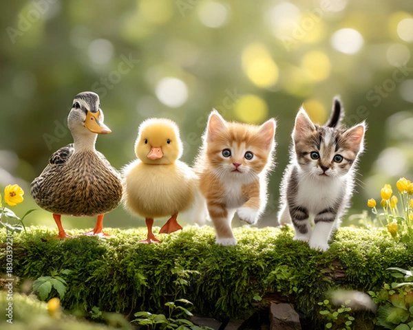 Fototapeta pastel cute animal parade illustration Adorable animals walking together on a path. adorable nursery wallpaper design tiny forest friends marching pattern