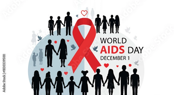 Obraz World AIDS Day illustration featuring a red ribbon, silhouettes of people holding hands, and a heart, symbolizing unity and awareness.