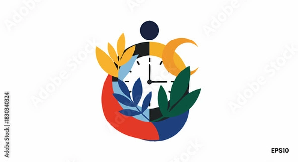 Obraz Abstract illustration of a clock surrounded by colorful leaves and shapes, symbolizing time management and growth.