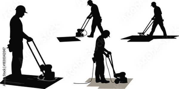 Obraz Silhouette of construction workers using floor grinder machine, polishing and smoothing concrete surface, industrial flooring maintenance and renovation illustration