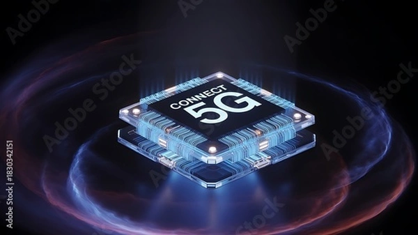 Obraz Futuristic 5G Microchip with Glowing Energy Waves