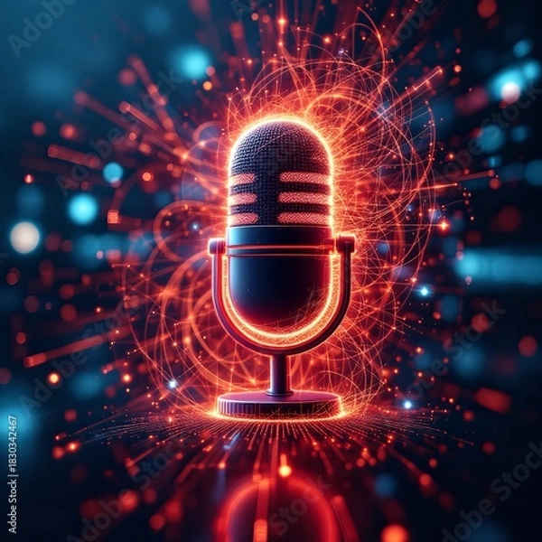 Fototapeta A glowing vintage microphone surrounded by a dynamic network of red and blue digital light particles and energy lines, symbolizing advanced audio technology and communication.