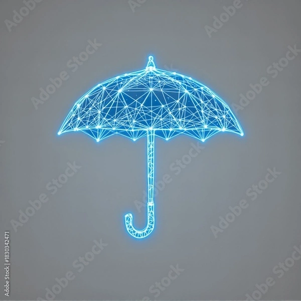 Fototapeta A glowing blue wireframe umbrella, digitally rendered with interconnected lines and dots, symbolizing protection or network security.