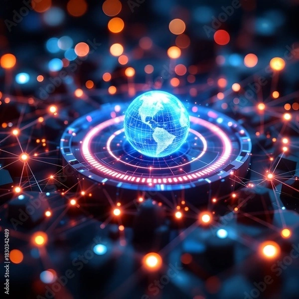 Fototapeta A glowing blue digital earth globe sits on a futuristic platform surrounded by a network of interconnected lights and bokeh.