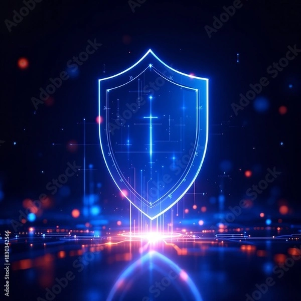 Fototapeta A glowing blue digital shield icon representing cybersecurity and data protection on a dark technological background with light effects.