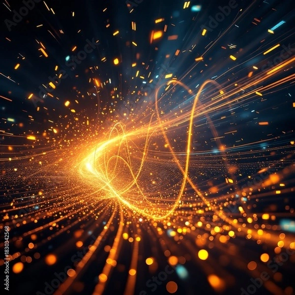 Fototapeta Dynamic abstract light trails and glowing particles creating a sense of energy and motion in a dark space.